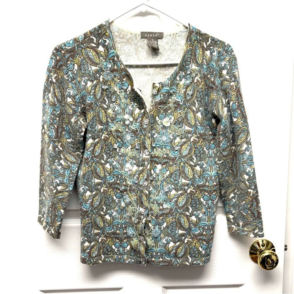 Vintage Kenar Sweater Angora Beaded Cardigan Paisley Knit Y2K 3/4 Sleeve Small